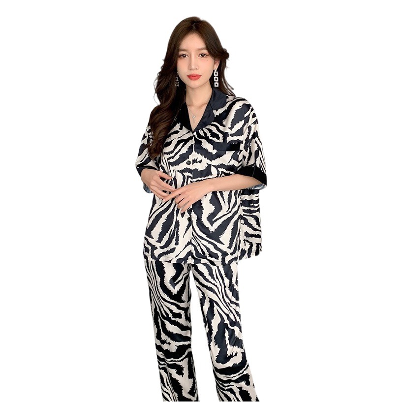 Pajamas Women's Suit Summer Zebra Pattern Silk Short-Sleeved Trousers Women's Home Clothes Suit Manufacturer Wholesale in Stock