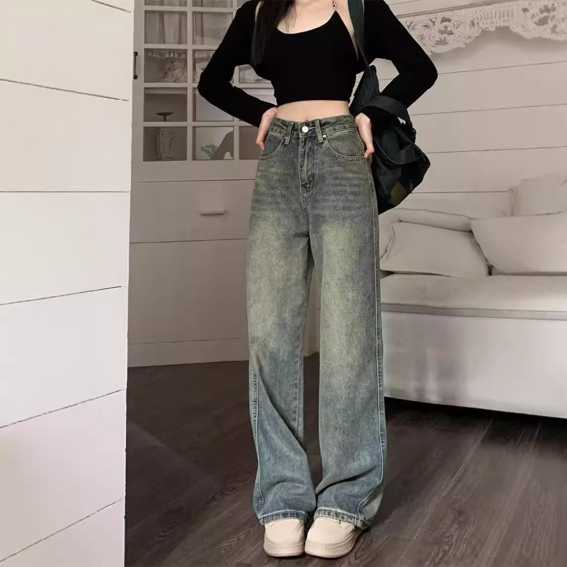Autumn Straight-Leg Jeans Women's All-Match Outer Wear Pear-Shaped Body Hip Covering Fashionable Loose American Wide Leg Long Pants