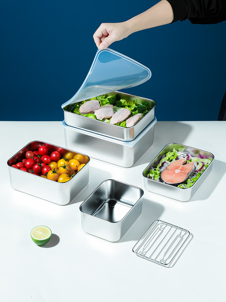 Japanese 304 stainless steel crisper household sealed food grade refrigerator fish meat frozen refrigerated box with lid