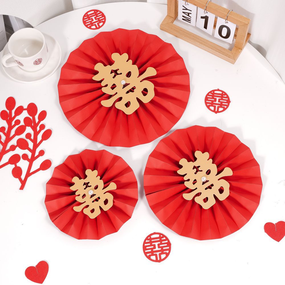 Chinese Floriculture Folding Fan Bucket Decoration Spring Festival New Year Pendant Red Paper Fan Flower Bundle Packaging Decoration Materials