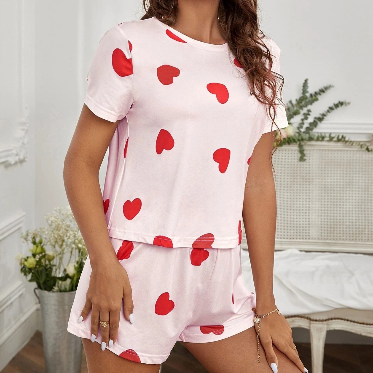 Foreign Trade Casual Women's Cross-border Home Clothes Love Printed Short-sleeved Pajamas Shorts Two-piece Set Loose Comfortable suit