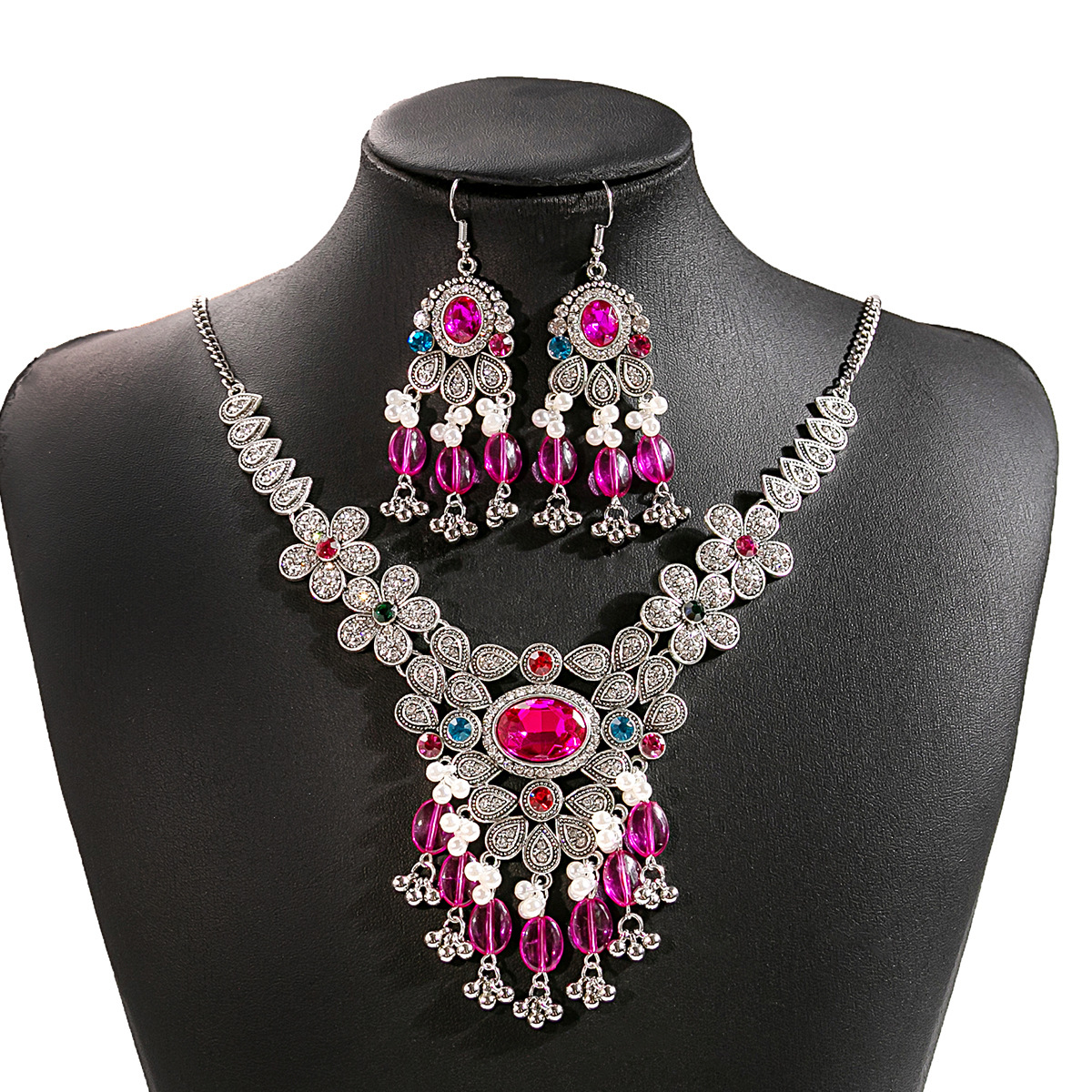 Picture of European and American Luxury Flower Jewelry suit Retro Tassel Round Gem Necklace Geometric Water Drops Square Earrings for Women