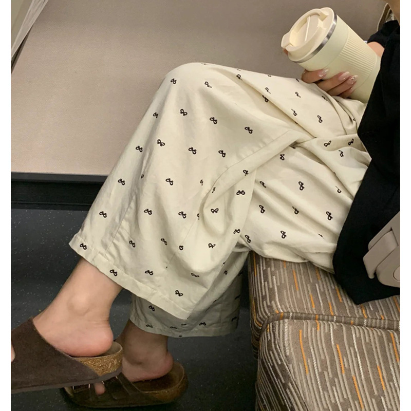 Bow Japanese Casual Pants Women's Summer Thin plus size chubby girl High Waist Slimming Wide Leg Pants Small Ankle-length Pants