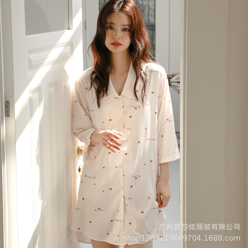 Popular Summer Nightgown for Women, Thin Ice Silk Pajamas, Sweet Love Shirt Dress, Boyfriend Style Sexy and Cool Home Clothes