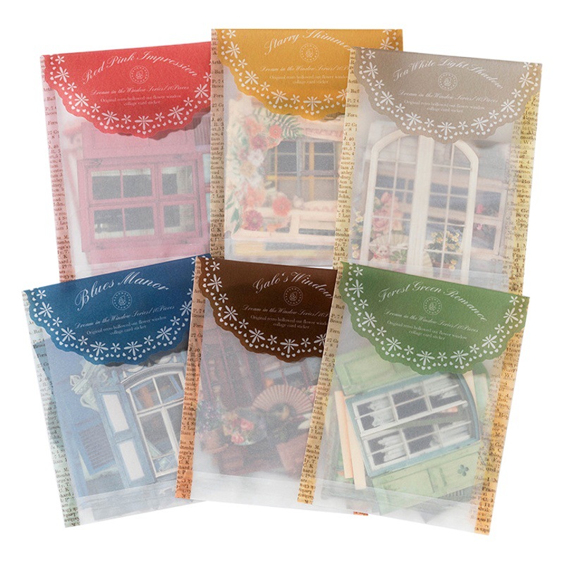 Picture of Momo Retro Cut Out Flower Window Mechanism Collage Card Stickers Dreamland in the Window Series Handbook Material Package 10 Sheets 6 Styles