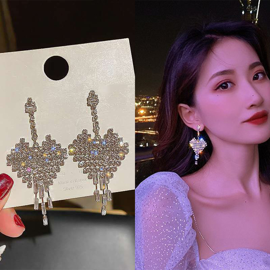 S925 Silver Needle South Korea Elegant Full Diamond Love Earrings Long Tassel Earrings Internet Celebrity Fashion All-match Earrings Women's Trendy