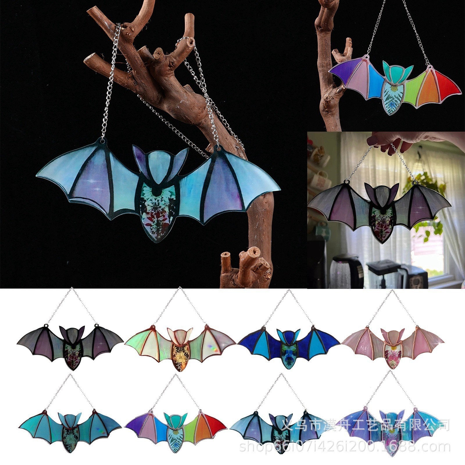 Picture of Halloween Decoration Hanging Acrylic Bat Window Wall Pendant Halloween Home Decoration Colorful Bat