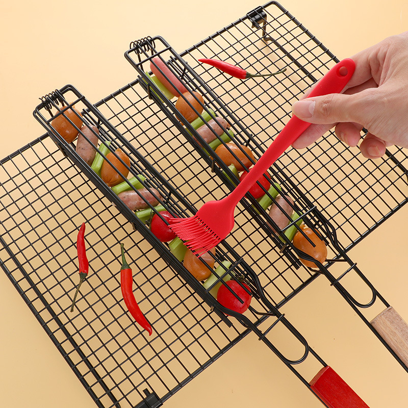 Picture of Fcm Certified Outdoor Wooden Handle Barbecue Cage Camping Style Barbecue Tools Square Barbecue Net Skewers Picnic Bbq Grill