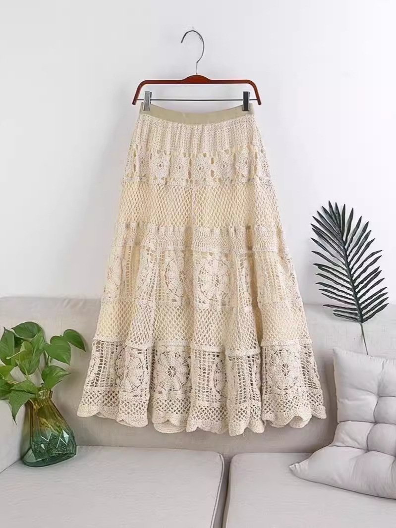 2023 Spring New Slim a-line a-line Elastic Waist High-end Western Style Cut Out Mid-length Skirt for Women 295
