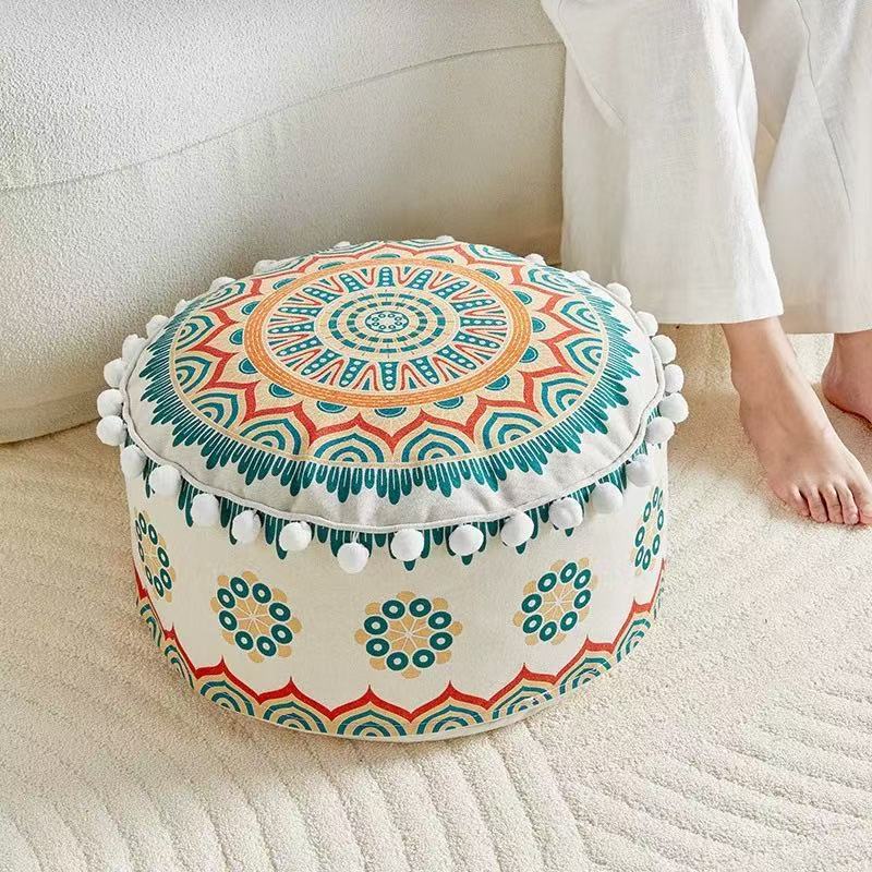 Round Ottoman Stool, Chinese-Style Low Stool with Cushion, Removable and Washable Bean Bag Foam Particle Cushion, Bohemian Style