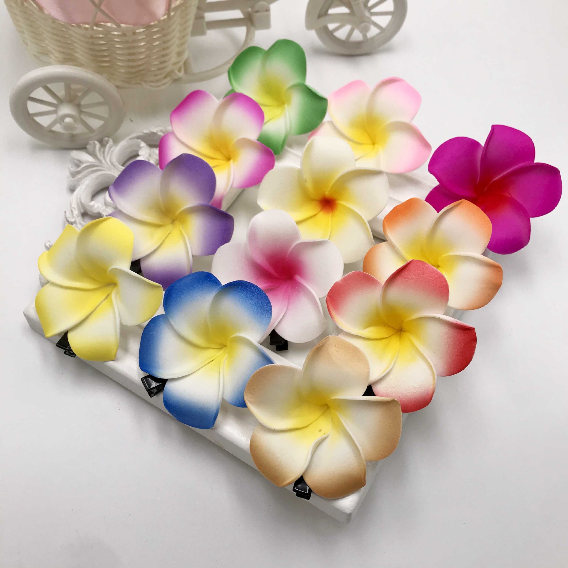 Picture of 6cm color 12 color plumeria flower headdress flower hair accessories hairpin decoration seaside artificial flower milk tea gift flower