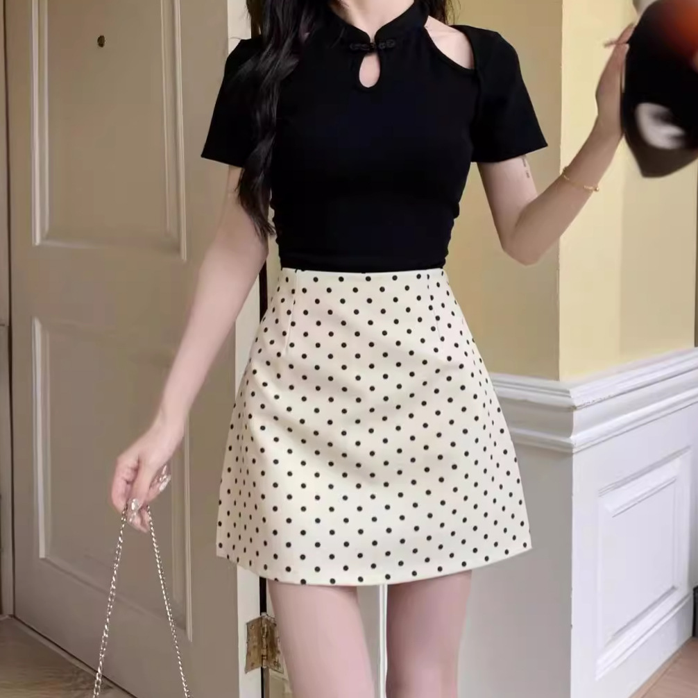 French Style White Polo Dot Skirt Black Skirt Grey Women's Spring and Autumn A- line Skirt Hip Skirt 2024 New Skirt