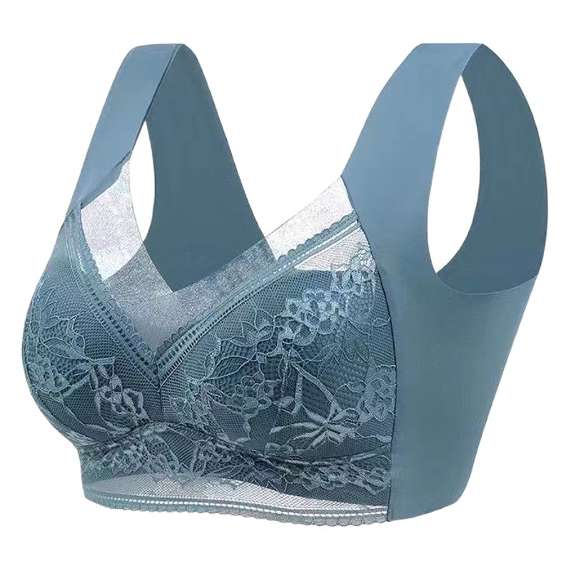 Traceless Thin Large Size Bra No Steel Ring Large Chest Small Anti-hanging Lace Back Fixed Cup Ice Silk Women's Underwear