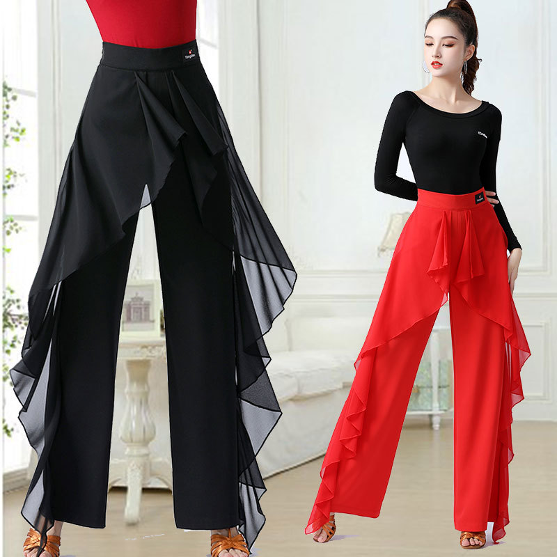 Guoguo No No Latin Dance Modern Dance Pants Women's High Waist Ruffle Wide Leg Trousers Jitterba Friendship Practice Clothes