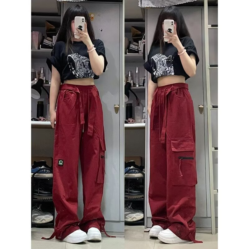 Cross-border 2024 New National Tide American Style Functional Wind Windproof Waterproof Belt Button Pants Women's Loose Street Pants