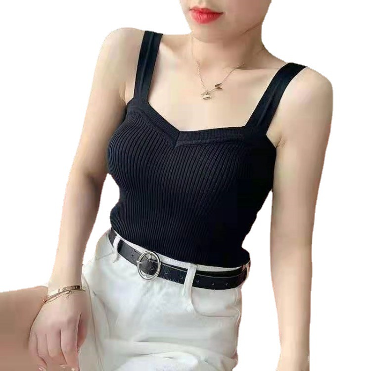 Picture of White Camisole Women's Spring and Summer All-match Slim-fit Slimming ins Fashionable Inner Base Shirt Outer Wear Knitted V-neck Top