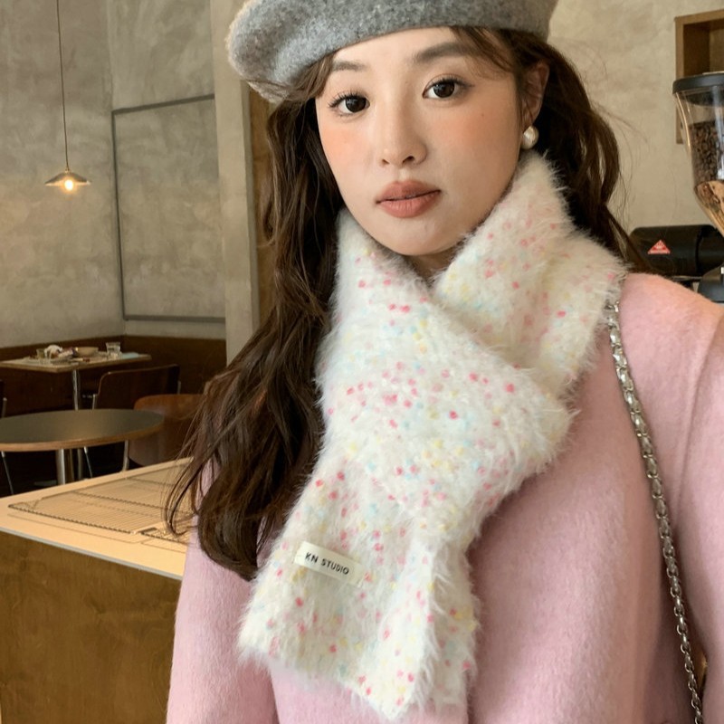Picture of Imitation mink velvet sugar bean color wave dots warm autumn and winter light fluffy wool knitted white small scarf K