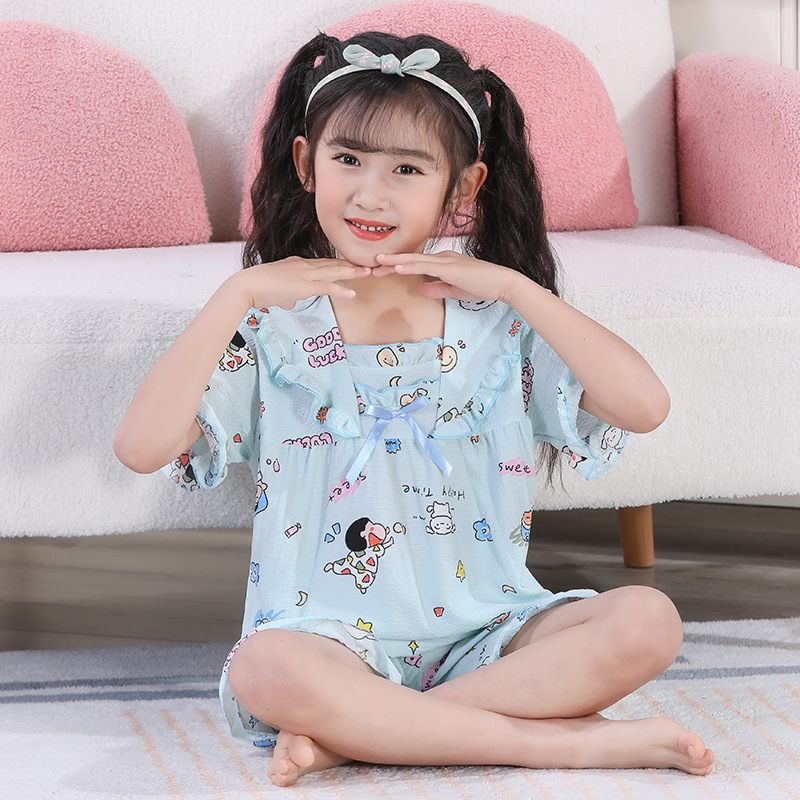 Picture of Children's Pajamas Summer Bubble Girls Cute Cartoon Princess Style Square Collar Short Sleeve Shorts Large Children's Home Clothes