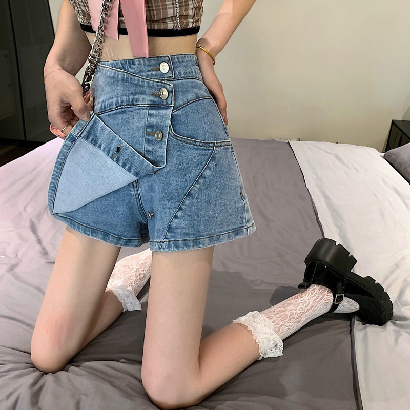 Irregular Button A- line Denim Skirt Women's Summer New Design High Waist Stretch plus size chubby girl Skirt