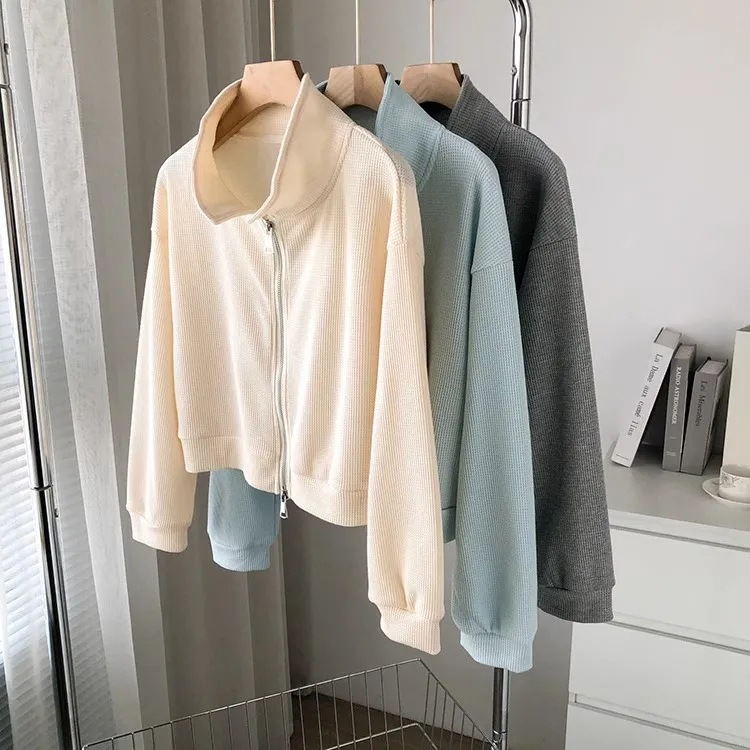 Waffley Short Coat Women's Autumn Korean-style New Loose Design Sense Double Zipper Top Casual Cardigan Sweater