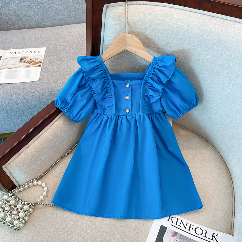 Girls' dress summer new blue square collar Princess dress fashionable short-sleeved children's vest dress