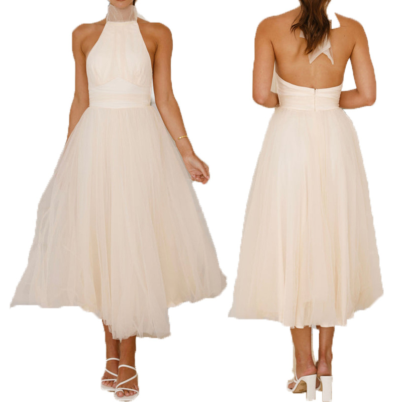 Cross-border 2025 European and American women's spring and summer women's hanging neck mesh high collar open back dress sweet fresh dress women's clothing