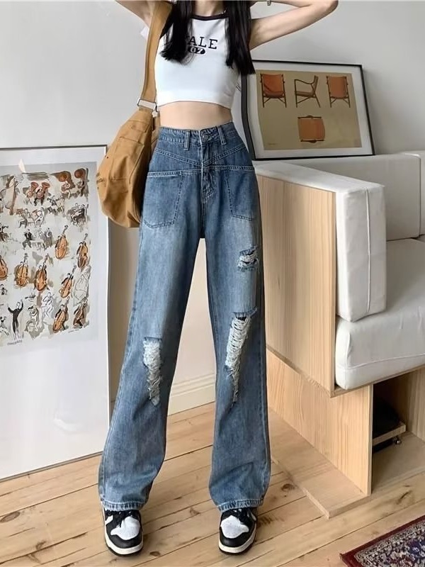 Hong Kong style high waist wide leg ripped jeans for women Spring and Autumn New 2023 design straight loose mop pants