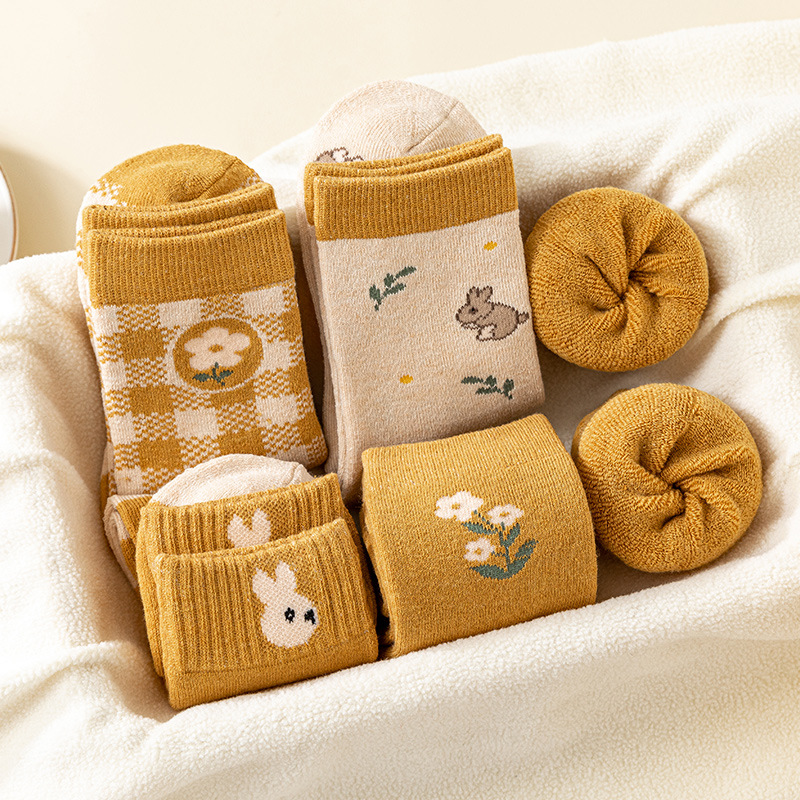 Women's Mid-Calf Socks Winter Solid Color Cotton Bottom Fleece Thickened Korean Style Ins Trendy Long Tube Socks Warm Cotton Socks Winter