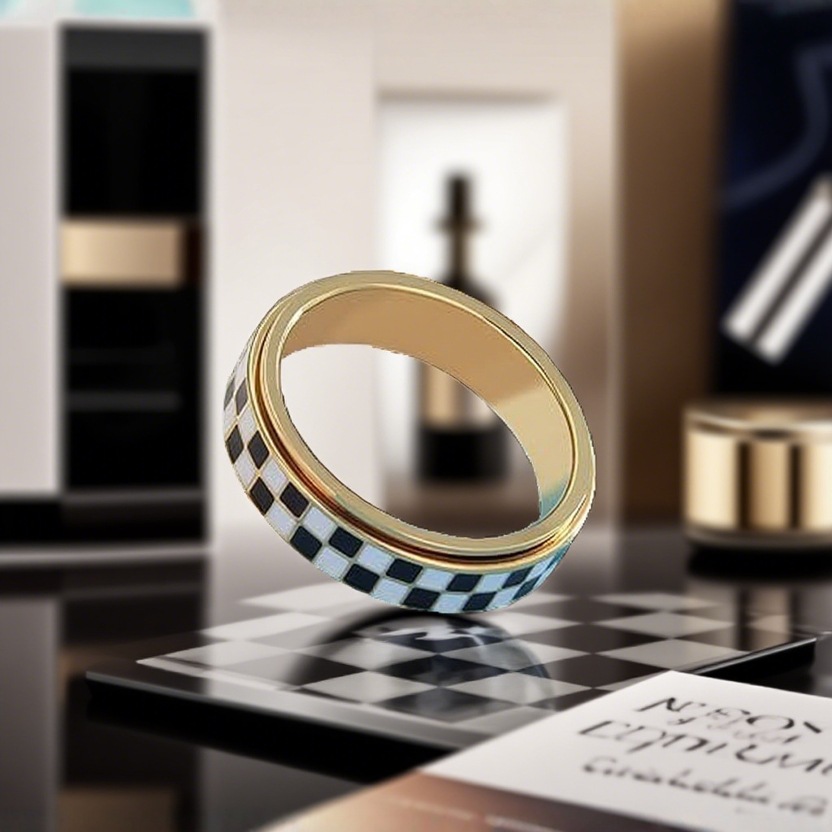 European and American Ins Style Enamel Stainless Steel Black and White Checkerboard Ring Titanium Steel Ring Non-Fading Stackable Versatile Ring