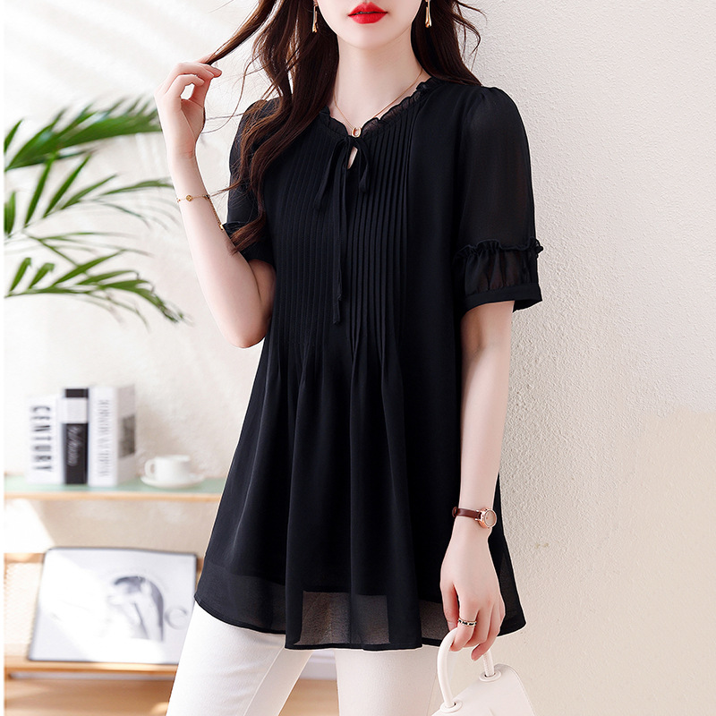 Picture of Summer 2025 New plus size Women's Belly-Covering Slimming chubby girl Top Design Sense Age-Reducing Chiffon Top
