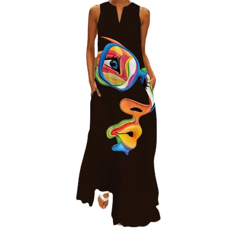 2024 Amazon wish Europe and the United States cross-border summer new women's dress printed V-neck sleeveless dress