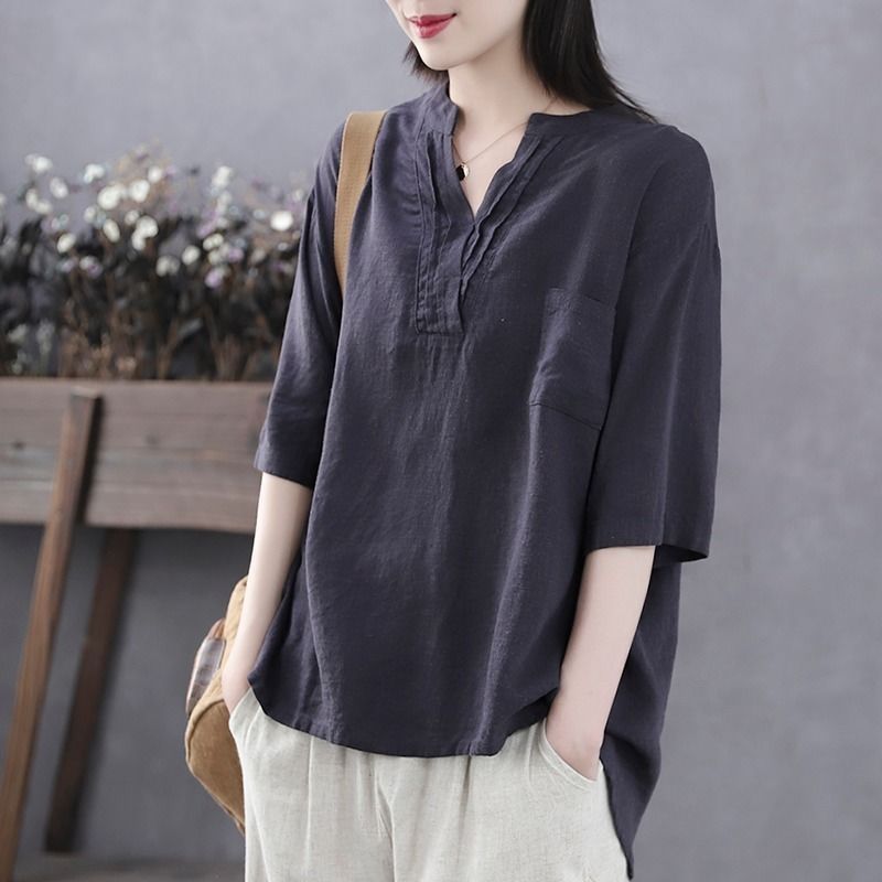 2024 Artistic Vintage Summer New V-neck Cotton Linen Top Slim Cotton Linen Short-sleeved T-shirt Women's Loose Casual Shirt