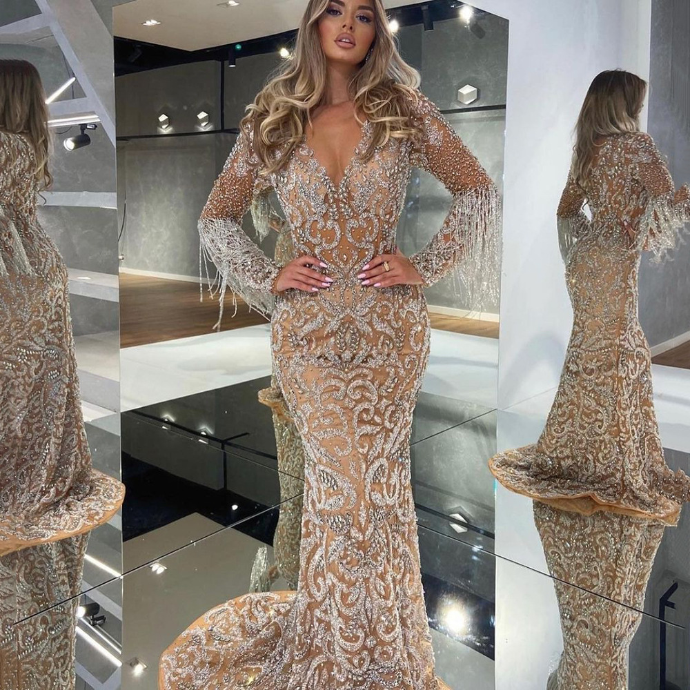 Picture of 2025 Cross-Border Spring New European and American Evening Dress Women's Fishtail Sprinkled with Gold Tassels Elegant Sexy Long Skirt Dress