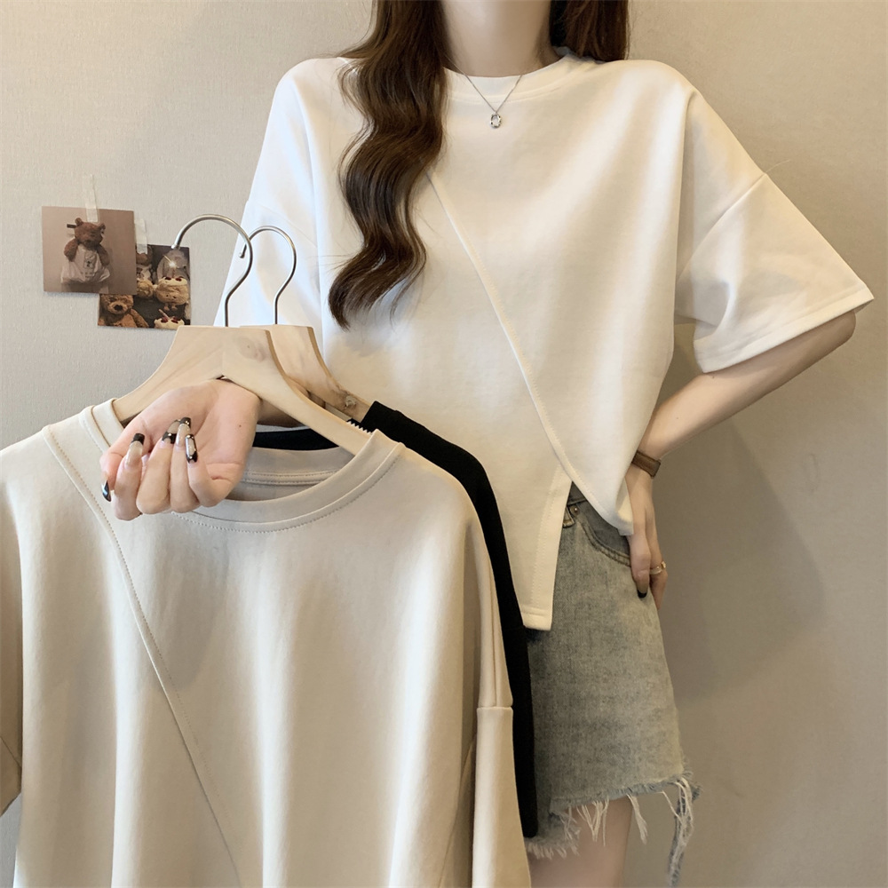 Real European Short-sleeved T-shirt Women's 2025 Summer New plus size chubby girl Slimming Belly Covering Irregular Split Top