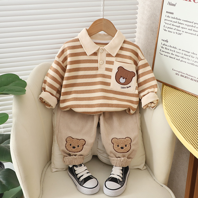 Korean style baby boy autumn new new fashionable fashionable spring and autumn Korean style striped pocket bear head long sleeve suit trendy