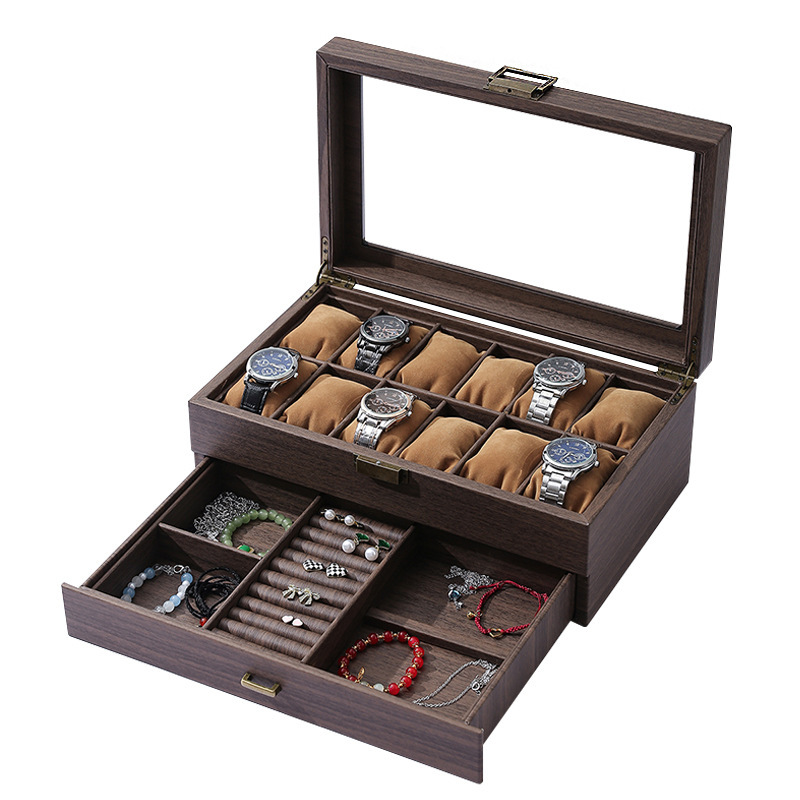 Cross-border Hot-selling Retro Leather Double-layer 12-bit Watch Jewelry Multi-functional Storage Box Carbon Fiber Leather