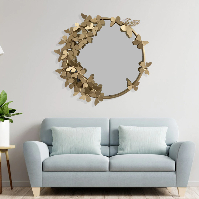 Picture of Foreign Trade Iron Mirror Wall Hanging Classical Butterfly Round Mirror Bedroom Personality Makeup Mirror Wall Background Wall Decorative Mirror