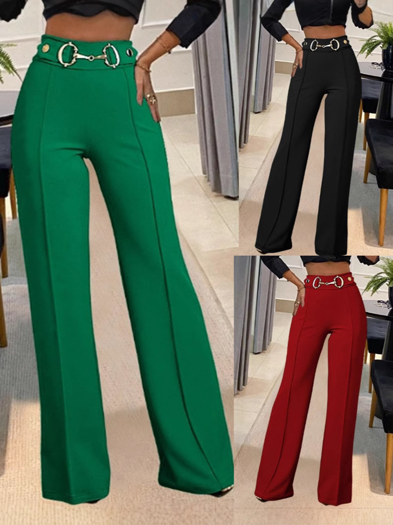 European and American Cross-border Amazon Independent Station Women's New Solid Color High Waist Metal Buckle Decorative Fashion Straight Pants