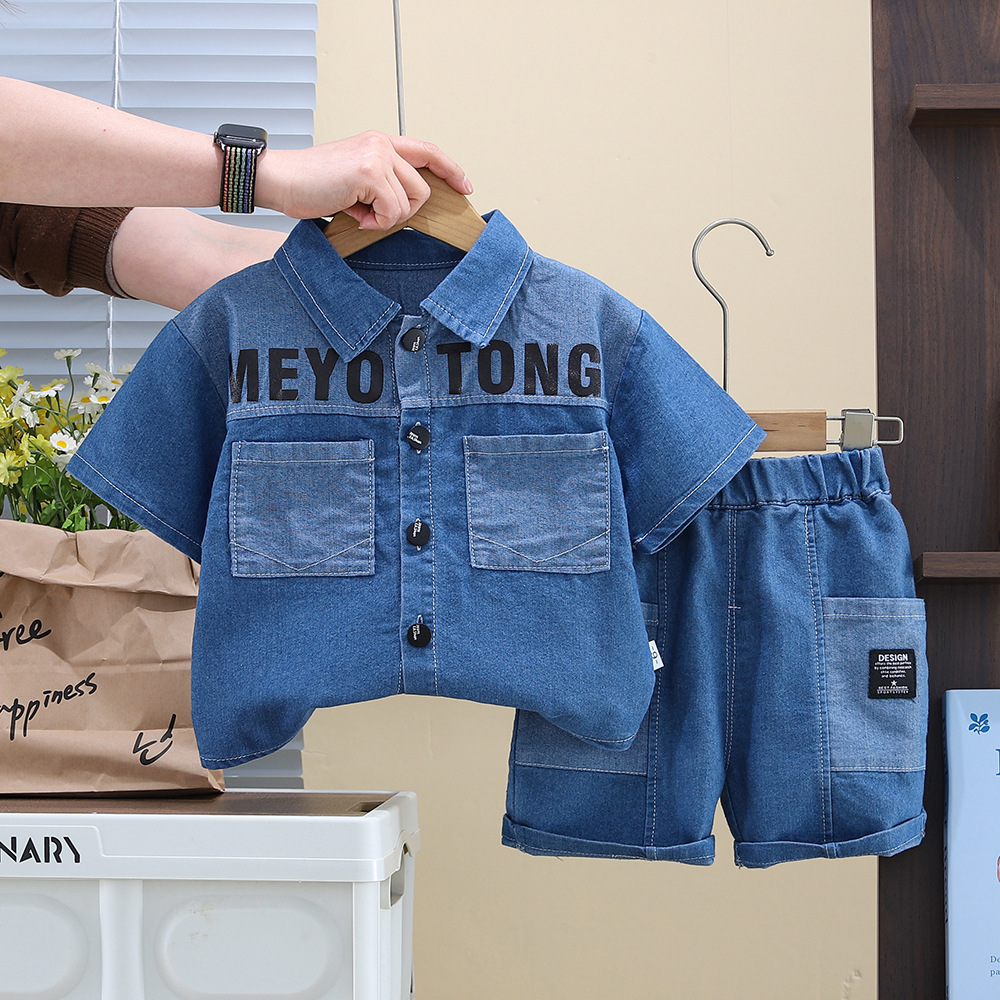 Boys' Summer Dress Western Style Short-sleeved suit 2025 Summer New Baby Children's Thin Denim Shirt Two-piece Fashionable Set