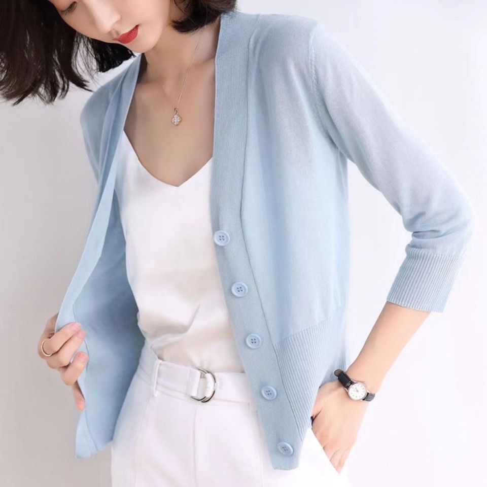 Spring and Summer Thin Women's Cardigan Short Knitted Sweater Seven-point Sleeve Coat Outer Shawl Ice Silk Sunscreen Shirt Air-conditioning Shirt