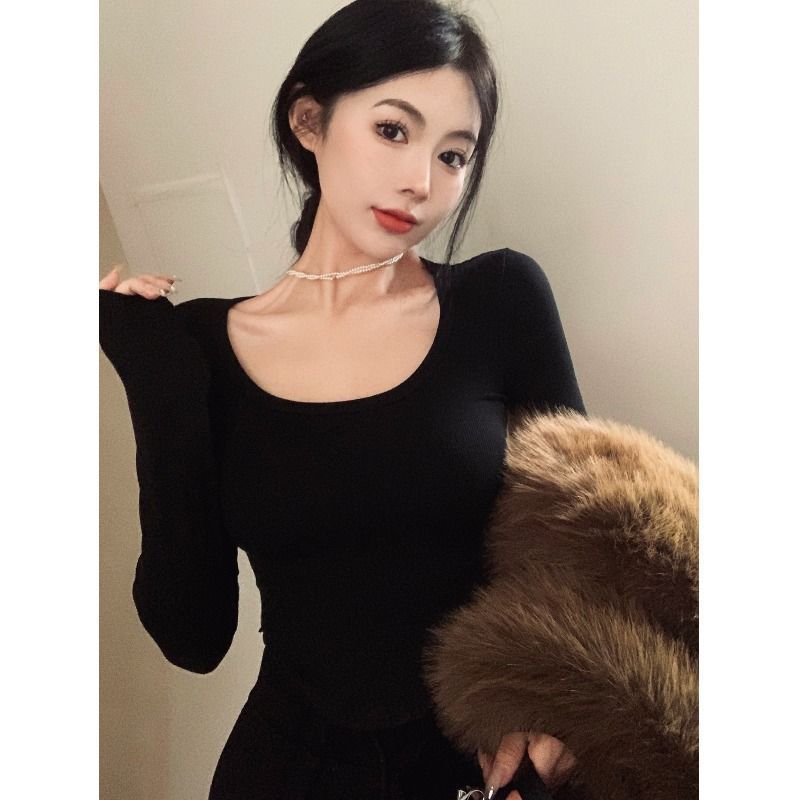 Spring and Autumn new versatile irregular u-collar slimming bottoming shirt top hot girl tight chest-flattering solid color long-sleeved T-shirt for women