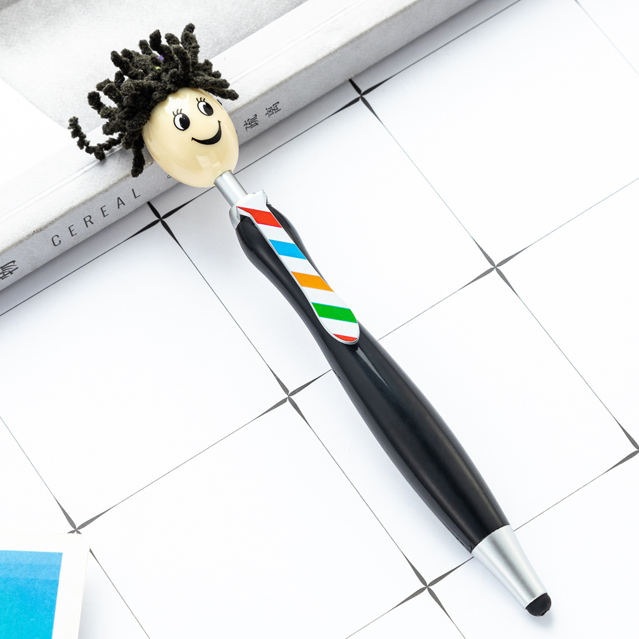 Picture of Cute plush doll head ballpoint pen printable logo three-dimensional cartoon smiley touch pen Christmas gift pen