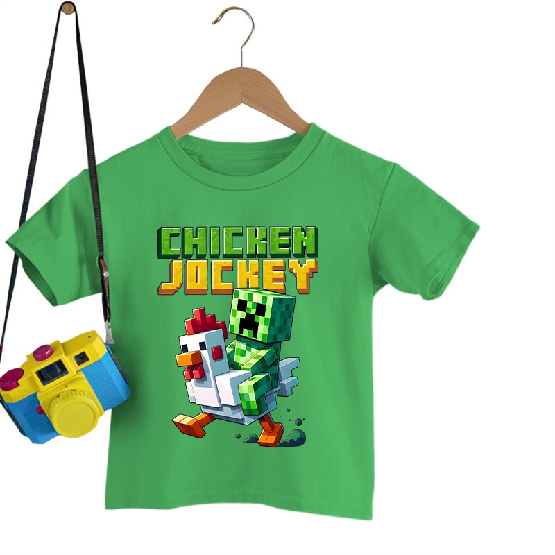 Cross-Border Hot Selling Chicken Jockey Printed Round Neck Fashionable Kidsren's Short-Sleeved Summer Breathable Loose Top
