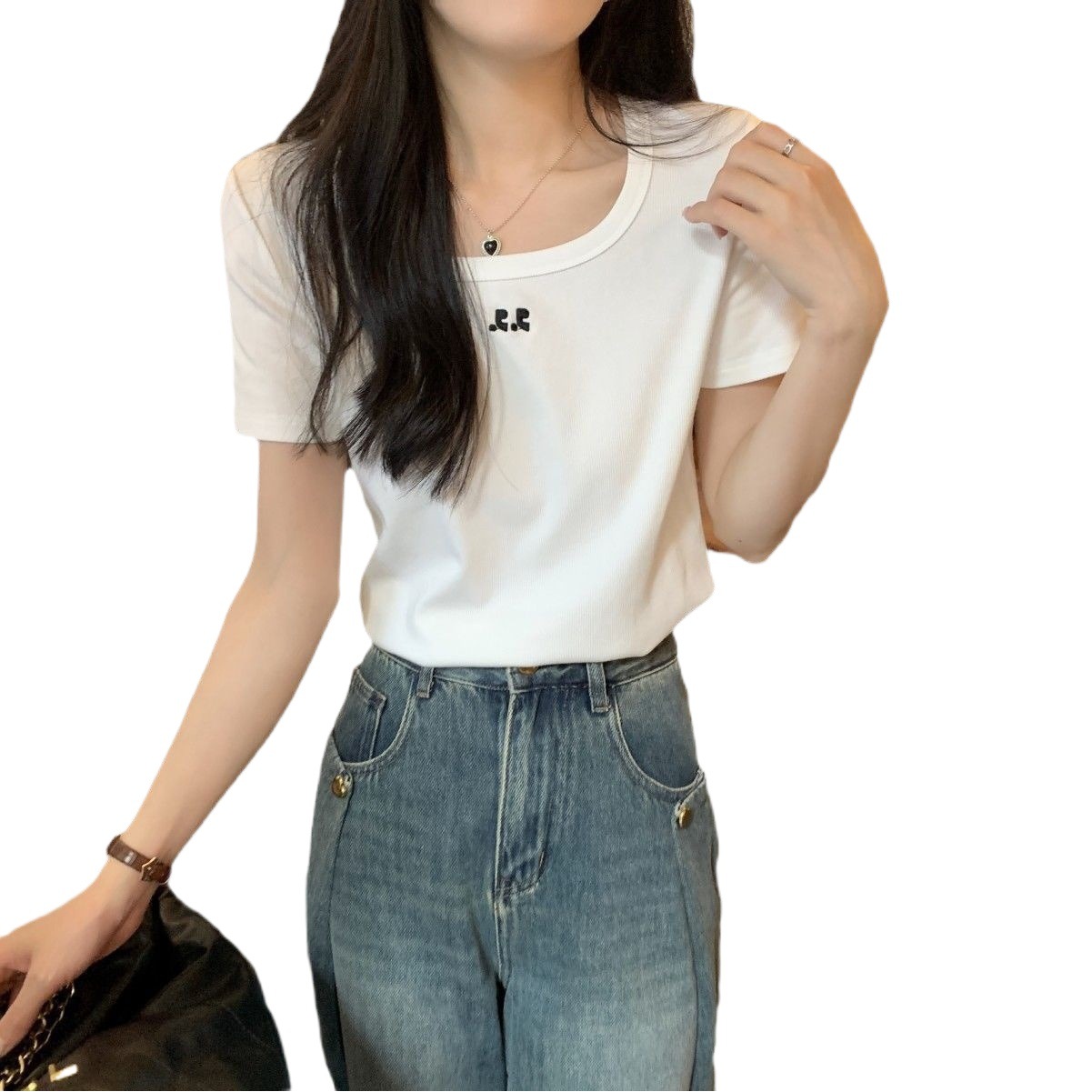 Solid Color Shoulder Short-sleeved T-shirt Women's 2024 New Summer Ice Silk American Embroidery Fashion Niche Design Sense Top