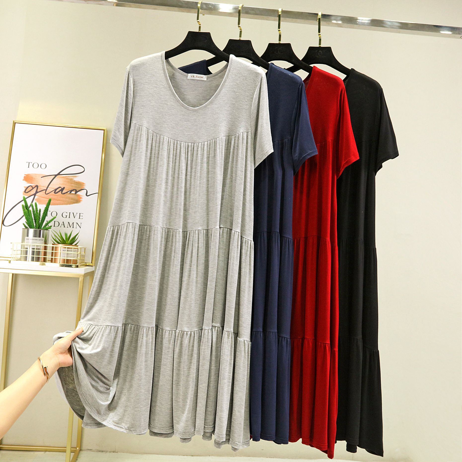 Picture of Bit Cotton Three-Layer Cake Skirt Short-Sleeved Stitching Large Size Loose Dress Summer Slimming Pregnant Women's Skirt for Chubby Girls