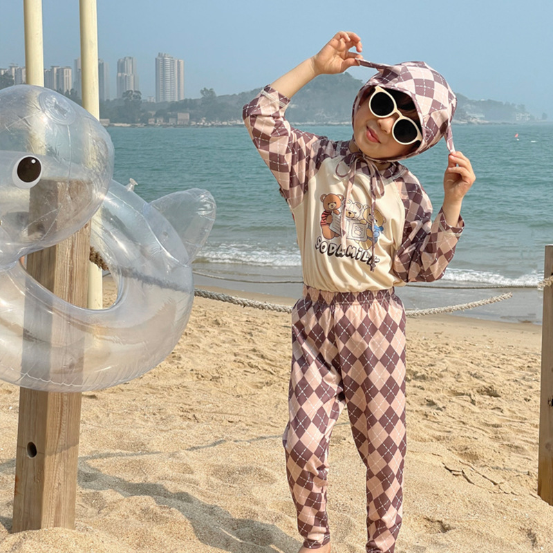 Summer New Children's Cute Bear Long-sleeved Trunks Swimwear Set for Boys and Girls Beach Hot Spring Leisure Holiday Swimwear