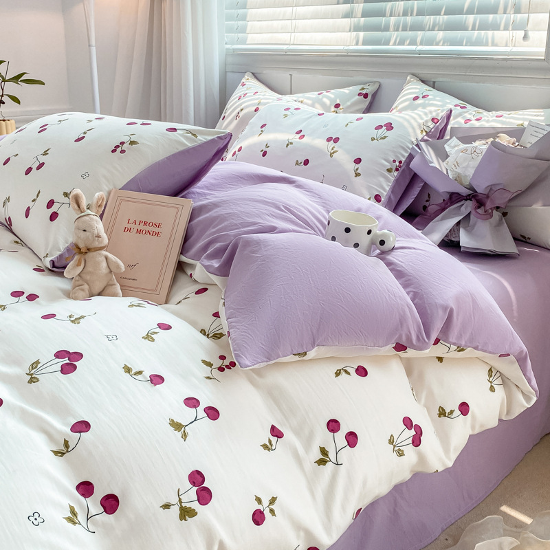 Picture of Small fresh class a 100 wash cotton four-piece set sanding cotton full quilt cover single bed hat student dormitory three or four-piece set