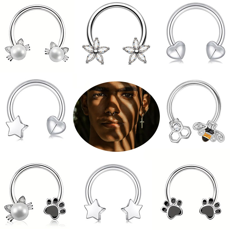 Cross-Border Stainless Steel Oil Dripping Cat Palm Nose Nails Wholesale European and American Fashion Personalized Pearl Flower Nasal Septum Piercing Jewelry