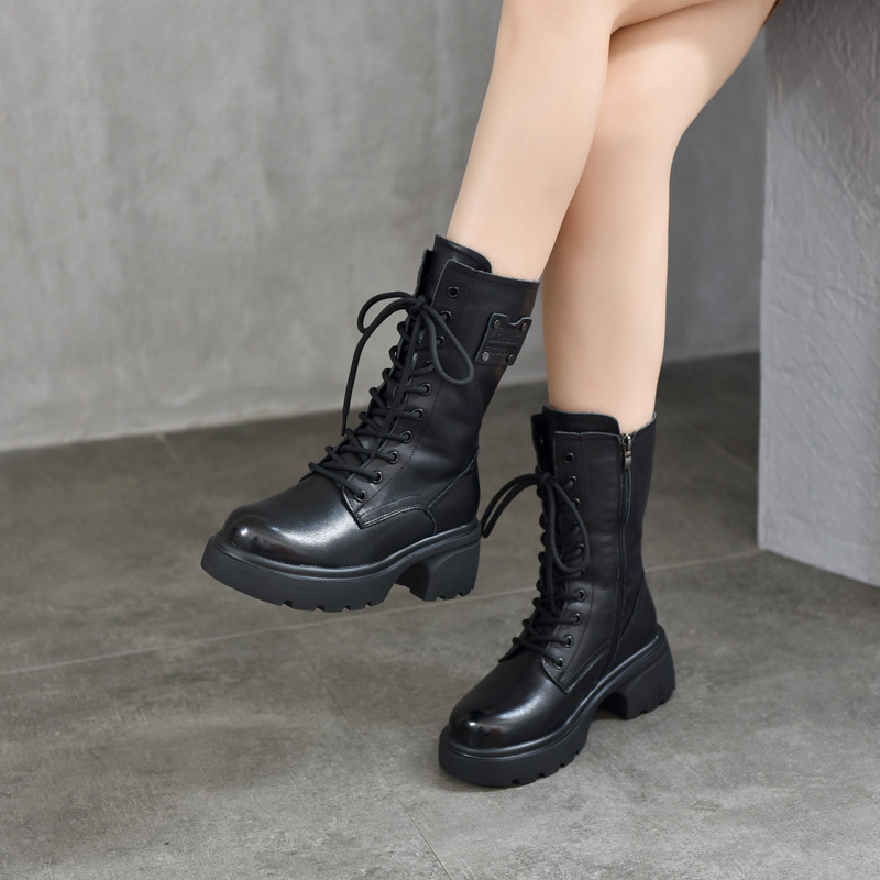 Genuine Leather Full Leather Middle Boots Women's Side Zipper Martin Boots Autumn and Winter fleece-lined Cotton Boots Top Layer Cowhide Thick High-Top Boots
