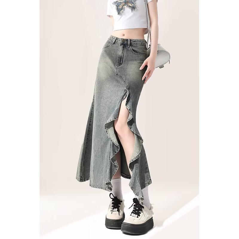 Retro Mid-length Denim Skirt Women's Spring and Summer American Niche Irregular Wave Split High Waist Fishtail Skirt for Women